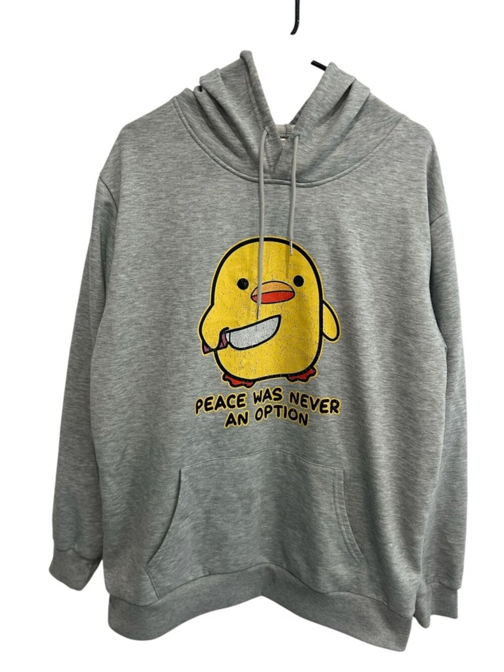 Peace Was Never An Option XL Gray Yellow Duck Graphic Hoodie Polyester Retro Cam